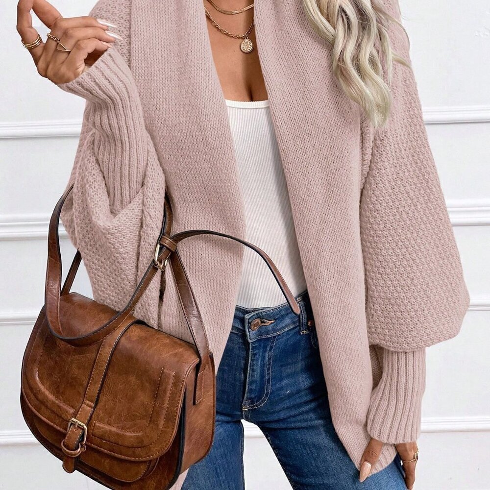 Pink Casual Women's Solid Color Batwing Sleeve Long Sleeve Cardigan - Picture 6 of 6